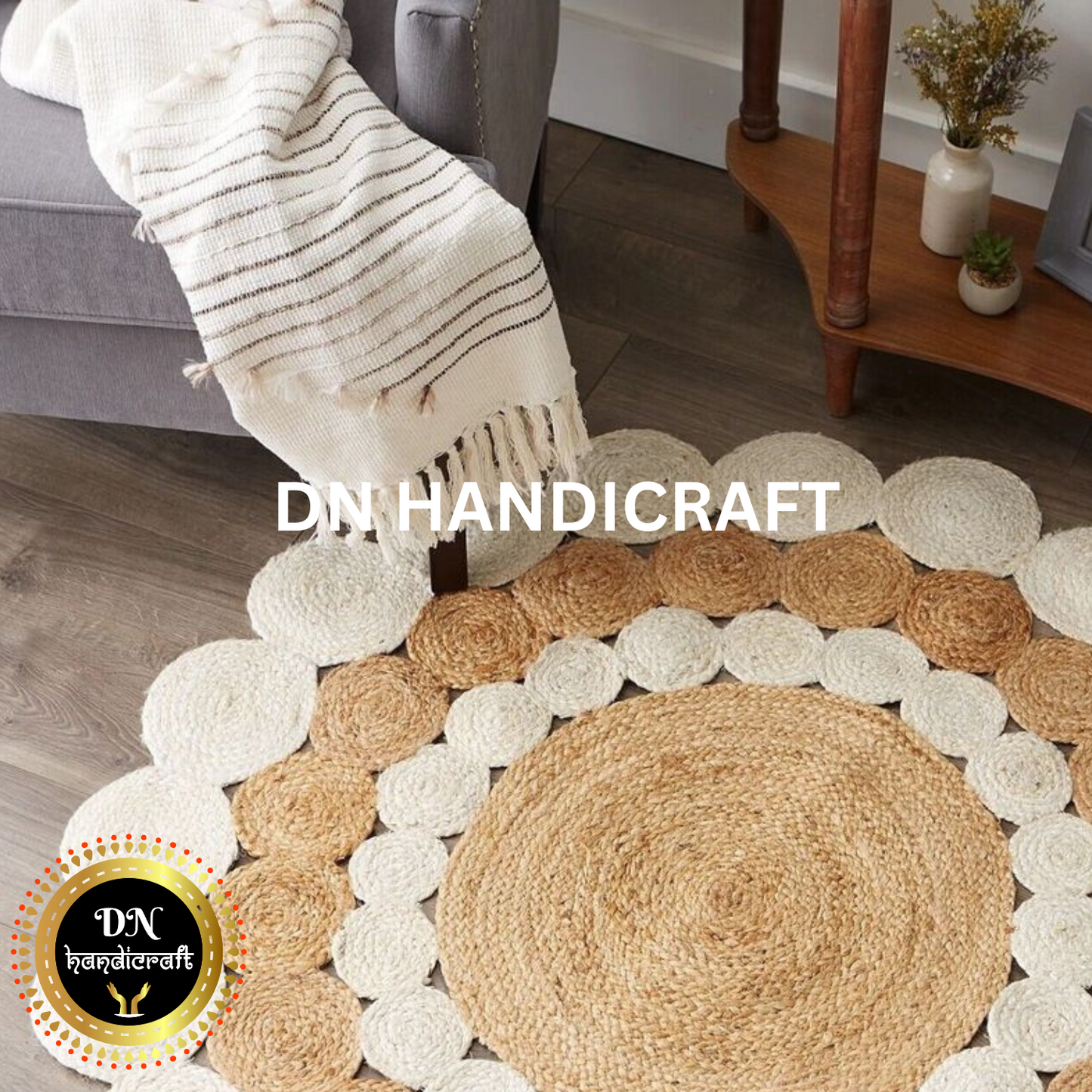 DN Handicraft Handmade Rustic Round Jute Rug – Natural Eco-Friendly Braided Carpet for Stylish Homes