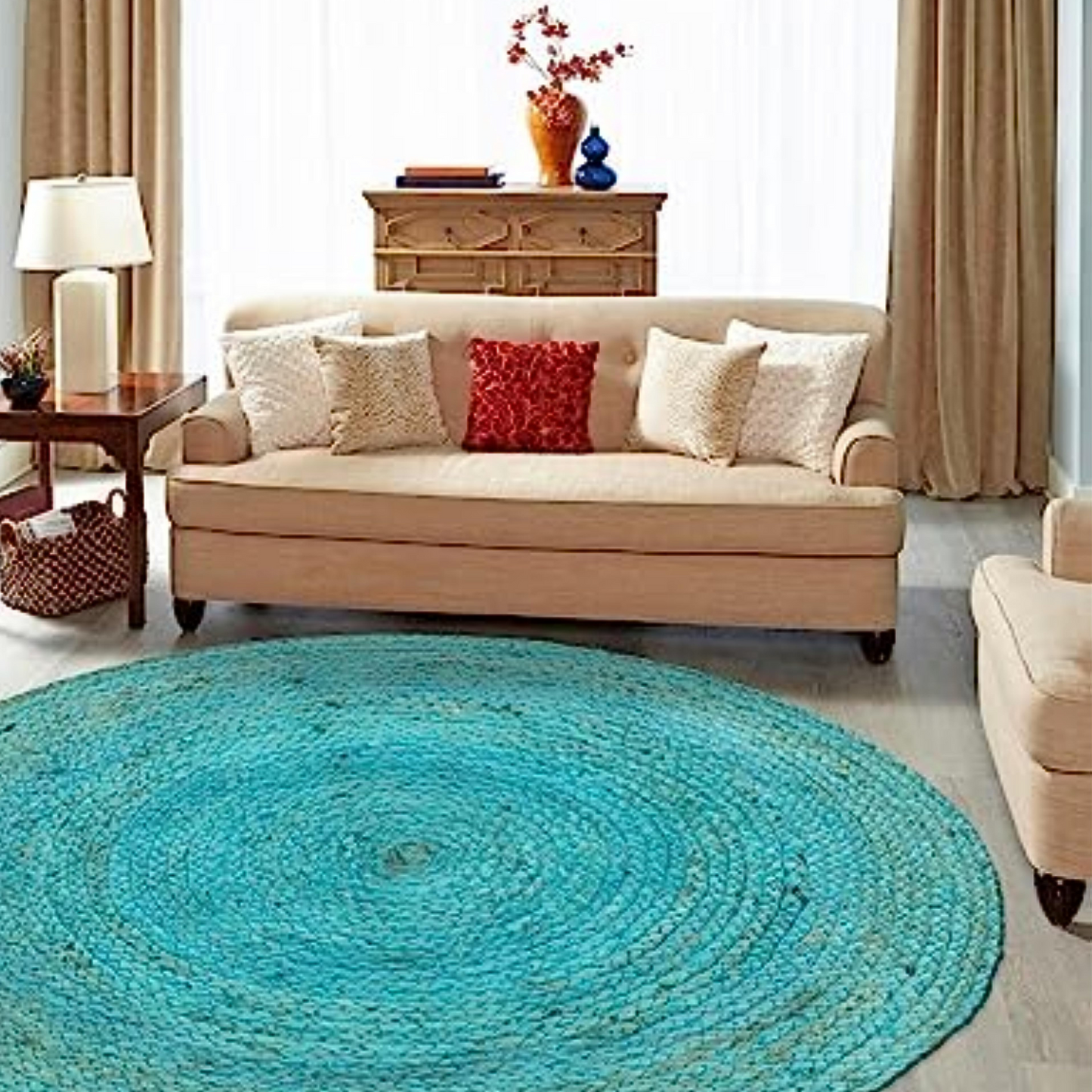 DN Handicraft Round Boho Jute Rug – Handmade Natural Braided Carpet for Rustic Interiors