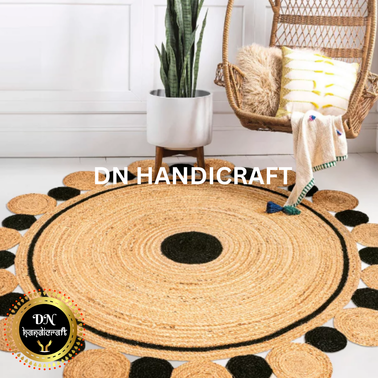 DN Handicraft Sustainable Round Jute Rug – Handmade Braided Natural Fiber Carpet for Home Decoration